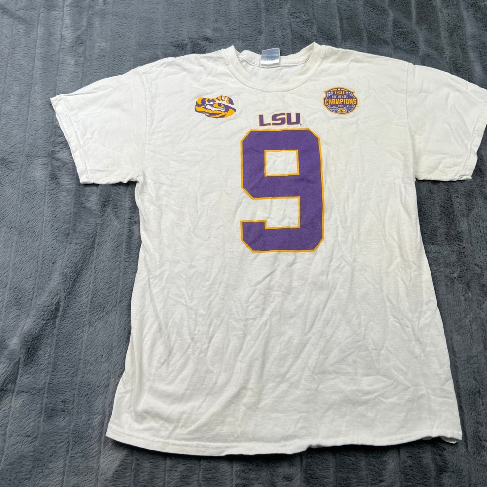 LSU Tigers Joe Burrow 9 2019 National Champions T-Shirt White Mens Medium Gildan